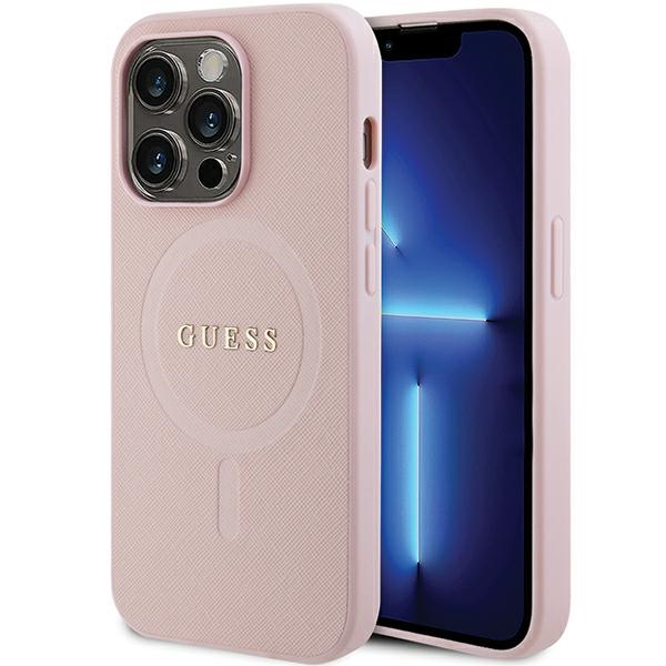 Guess GUHMP14LPSAHMCP dėklas telefonui iPhone 14 Pro - rožinis Saffiano Magnetinis