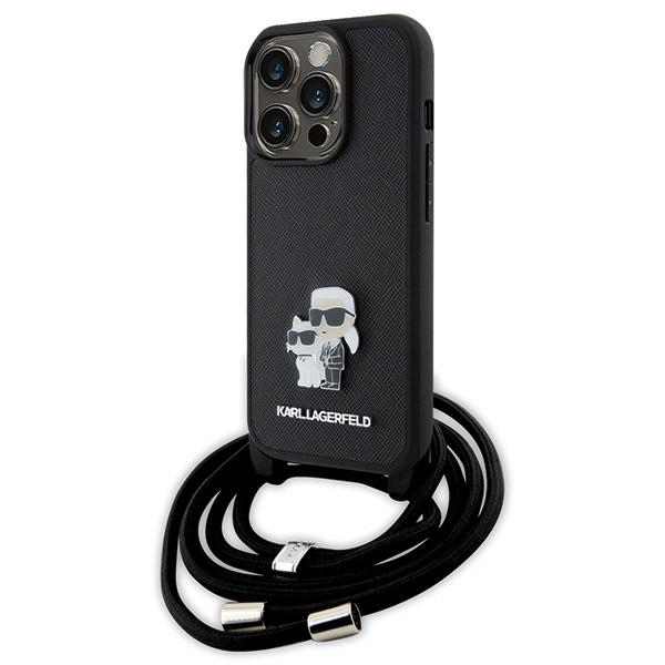 Karl Lagerfeld kryžminis Saffiano metalinis ženkliukas Karl & Choupette dėklas telefonui iPhone 15 Pro - juodas