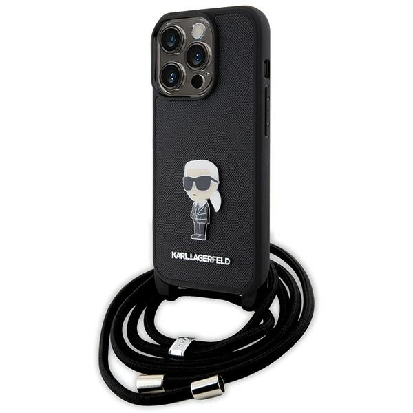 Karl Lagerfeld kryžminis Saffiano monograma metalinis ženkliukas Karl & Choupette dėklas telefonui iPhone 15 Pro - juodas