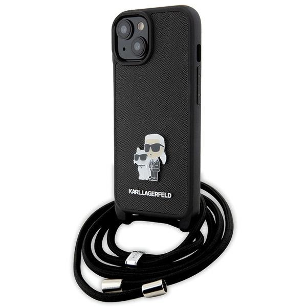 Karl Lagerfeld kryžminis Saffiano metalinis ženkliukas Karl & Choupette dėklas telefonui iPhone 15 Plus - juodas