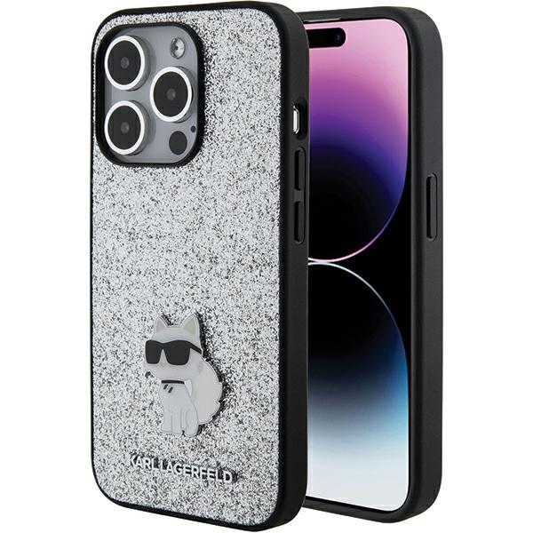 Karl Lagerfeld Fiksuotas blizgučių Choupette logotipas metalinis kaištis dėklas iPhone 15 Pro - sidabrinė