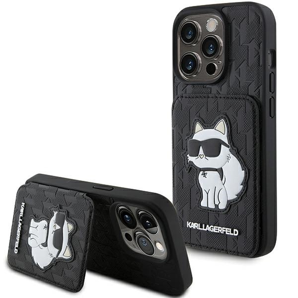 Karl Lagerfeld Saffiano kortelių lizdai ir stovas monograma Choupette dėklas iPhone 15 Pro - juoda
