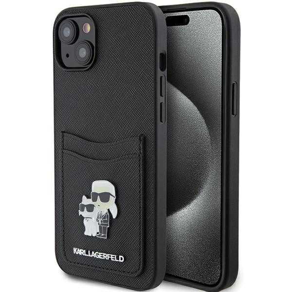 Karl Lagerfeld Saffiano Cardslot Karl&Choupette Metal Pin Dėklas telefonui iPhone 15 - juodas