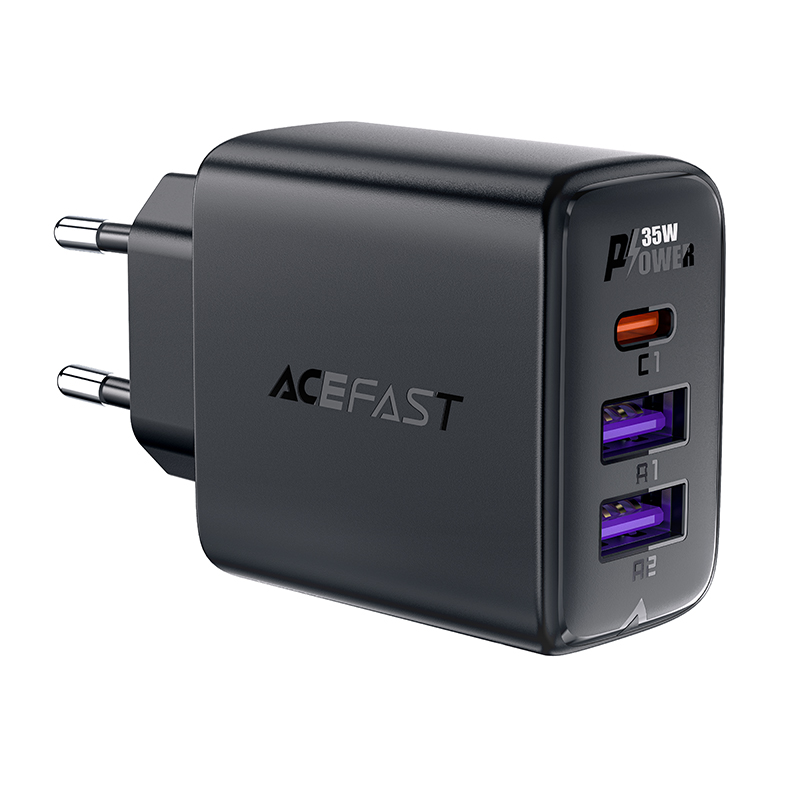 Acefast A57 PD 35W GaN įkroviklis 2 x USB-A + USB-C su 3 jungtimis - juodas