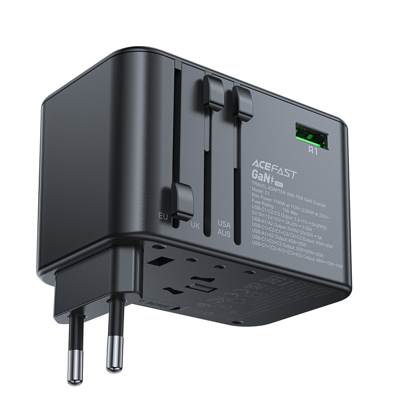Universalus kelioninis įkroviklis Acefast Z1 75W GaN 2xUSB-A/3xUSB-C juodas