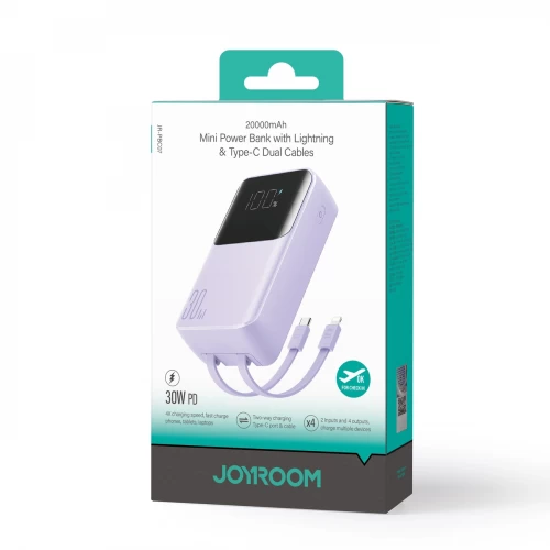 Power Bank Joyroom "JR-PBC07" Violetinis 20000mAh 30W (PD / QC3.0) + integruoti Type-C / Lightning laidai