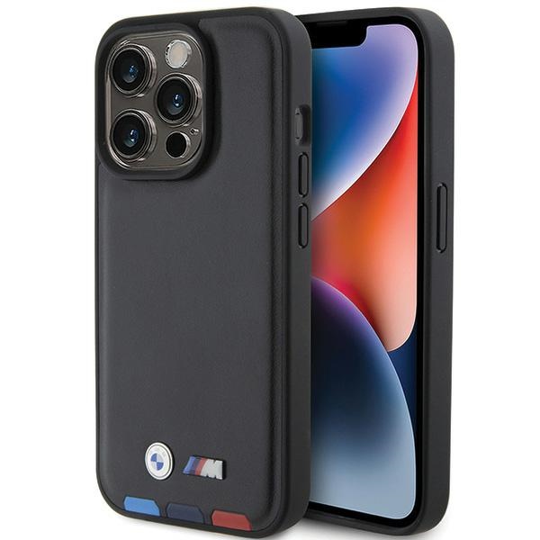 BMW BMHCP15L22PTDK dėklas telefonui iPhone 15 Pro 6.1" juodas/juodas odinis su trispalve emblema