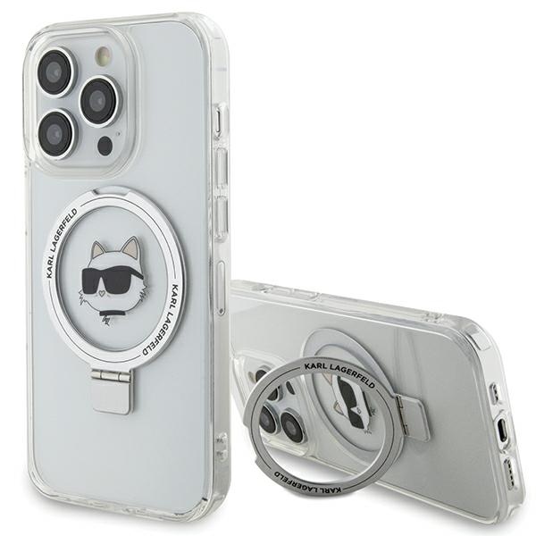 Karl Lagerfeld KLHMP15LHMRSCHH iPhone 15 Pro 6.1" baltas/baltas kietas dėklas su žiediniu stovu Choupette Galva Magnetinis