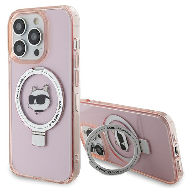 Karl Lagerfeld KLHMP15LHMRSCHP iPhone 15 Pro 6.1" rožinis/rožinis kietas dėklas su žiediniu stovu Choupette Galva Magnetinis