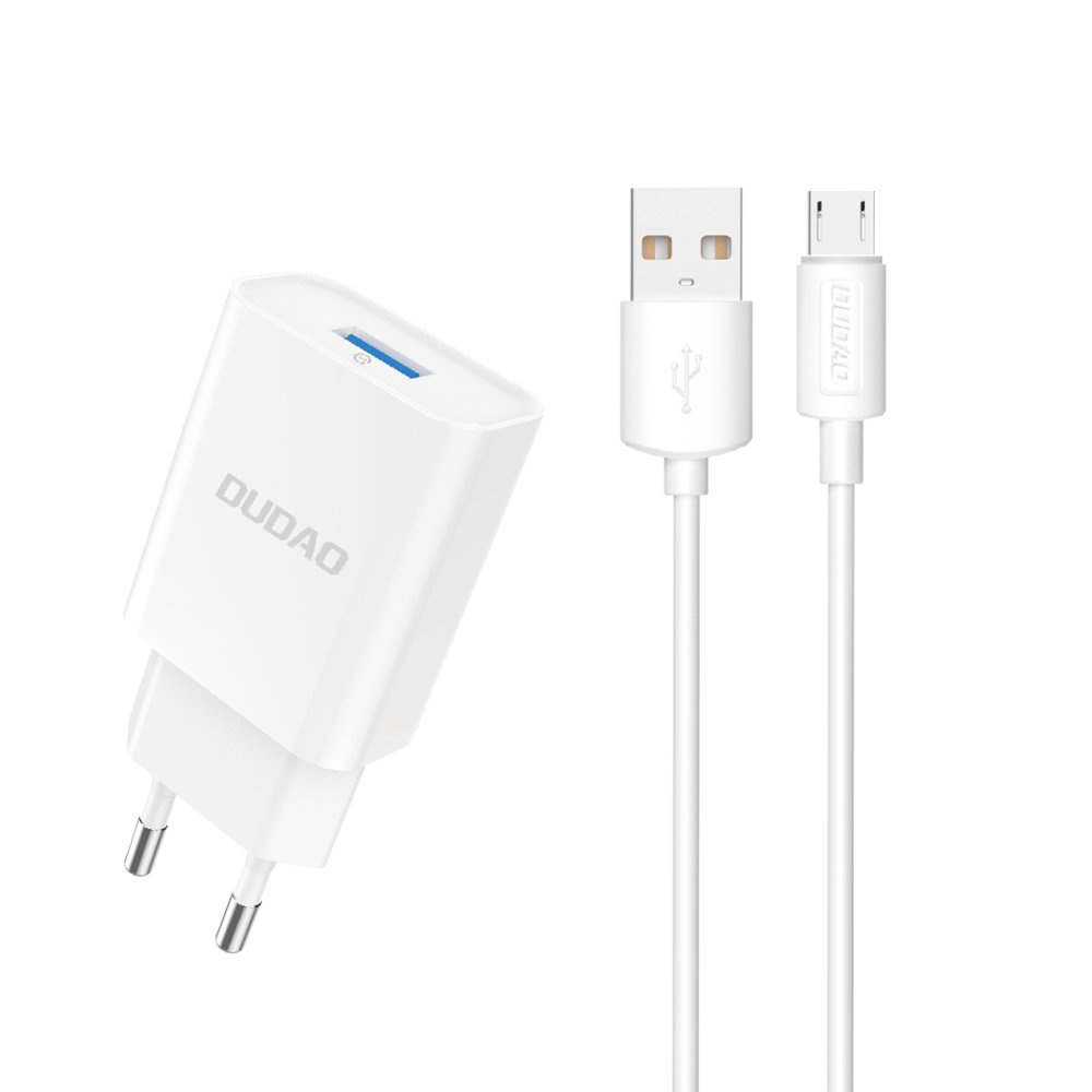 Dudao A4EU USB-A 2.1A sieninis įkroviklis - baltas + USB-A - micro USB kabelis