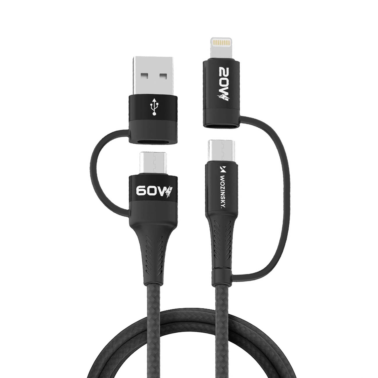 Wozinsky WNBAA 4in1 kabelis 2x USB-C 1x USB-A 1x Lightning 60W 1 m - juodas
