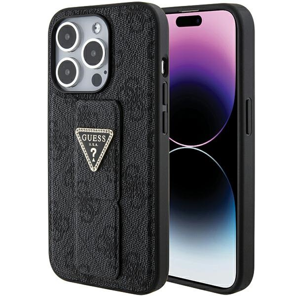 Guess Grip Stand 4G Triangle Strass dėklas telefonui iPhone 15 Pro - juodas