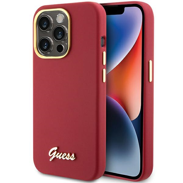 Guess Silicone Script Metal Logo & Frame dėklas telefonui iPhone 15 Pro - raudonas
