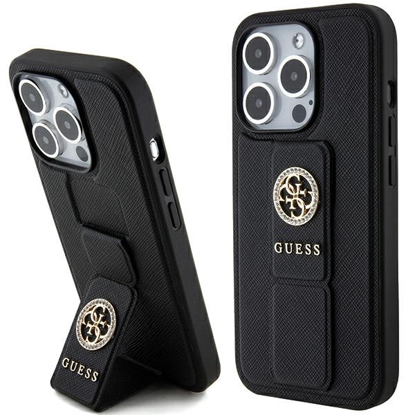 Guess dėklas telefonui su stovu Grip Stand 4G Saffiano Strass iPhone 15 Pro Max - juodas