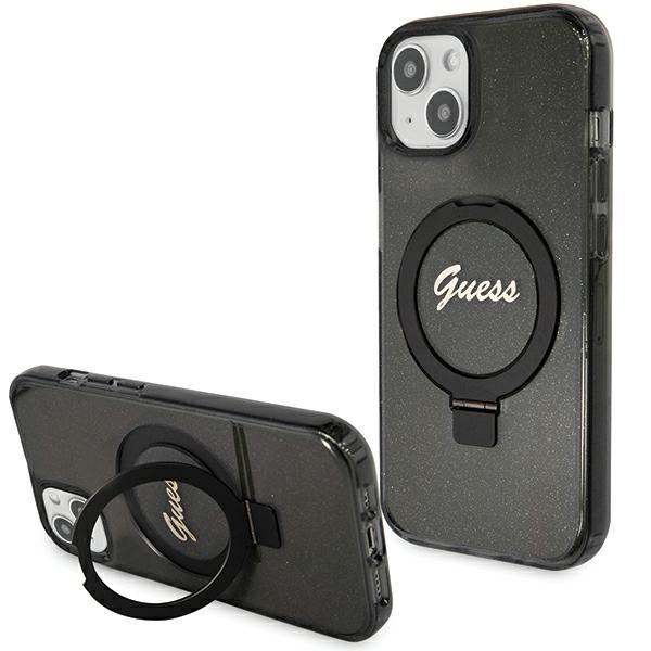 Guess dėklas telefonui su stovu Ring Stand Script Glitter magnetinis iPhone 15 Plus / 14 Plus - juodas