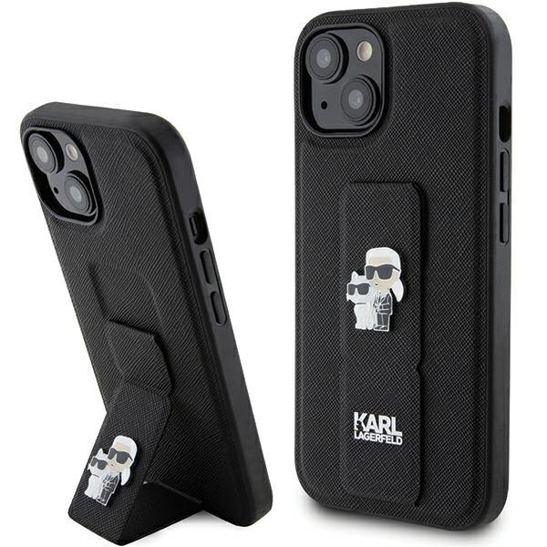 Karl Lagerfeld Gripstand Saffiano Karl&Choupette Pins dėklas telefonui iPhone 15 Plus / 14 Plus - juodas