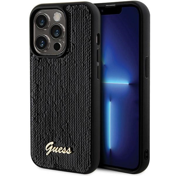 Guess Sequin Script Metal dėklas telefonui iPhone 13 Pro / 13 - juodas