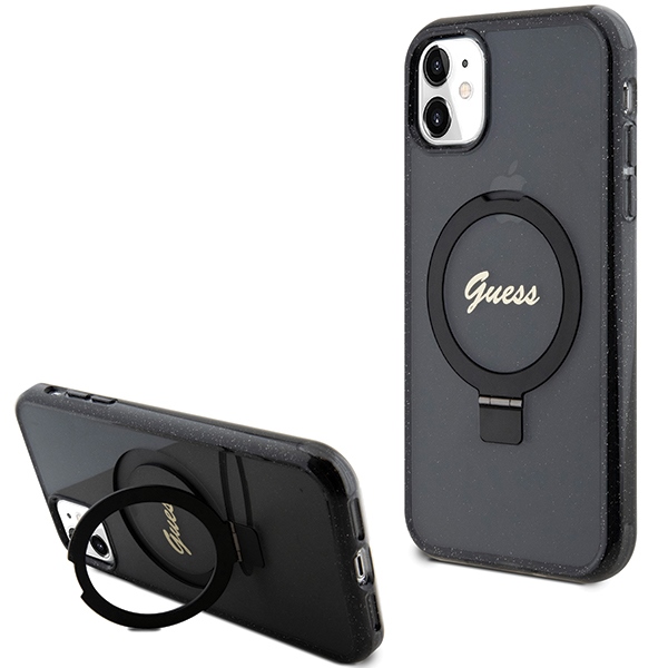 Guess Ring Stand Script Glitter Magnetinis dėklas telefonui iPhone 11 / Xr - juodas