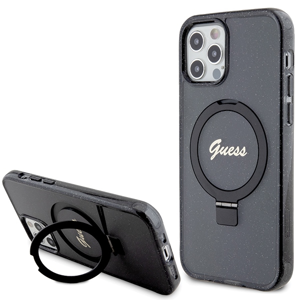 Guess Ring Stand Script Glitter Magnetinis dėklas telefonui iPhone 12/12 Pro - juodas