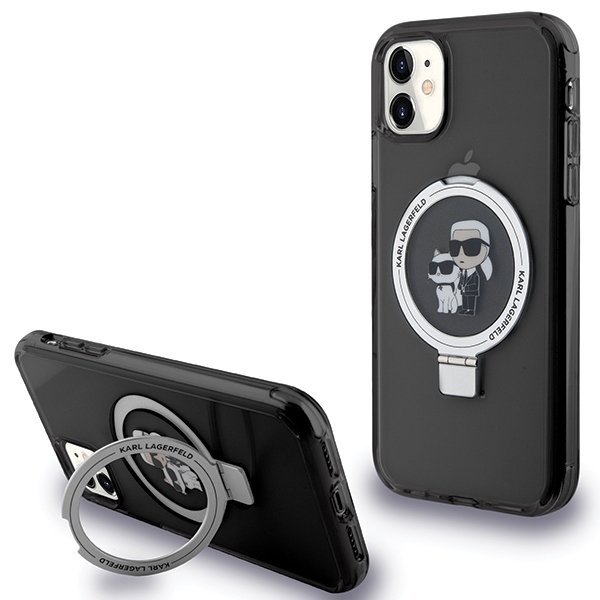 Karl Lagerfeld Magnetinis dėklas telefonui su žiediniu stovu Karl&Choupette MagSafe iPhone 11 / Xr - juodas