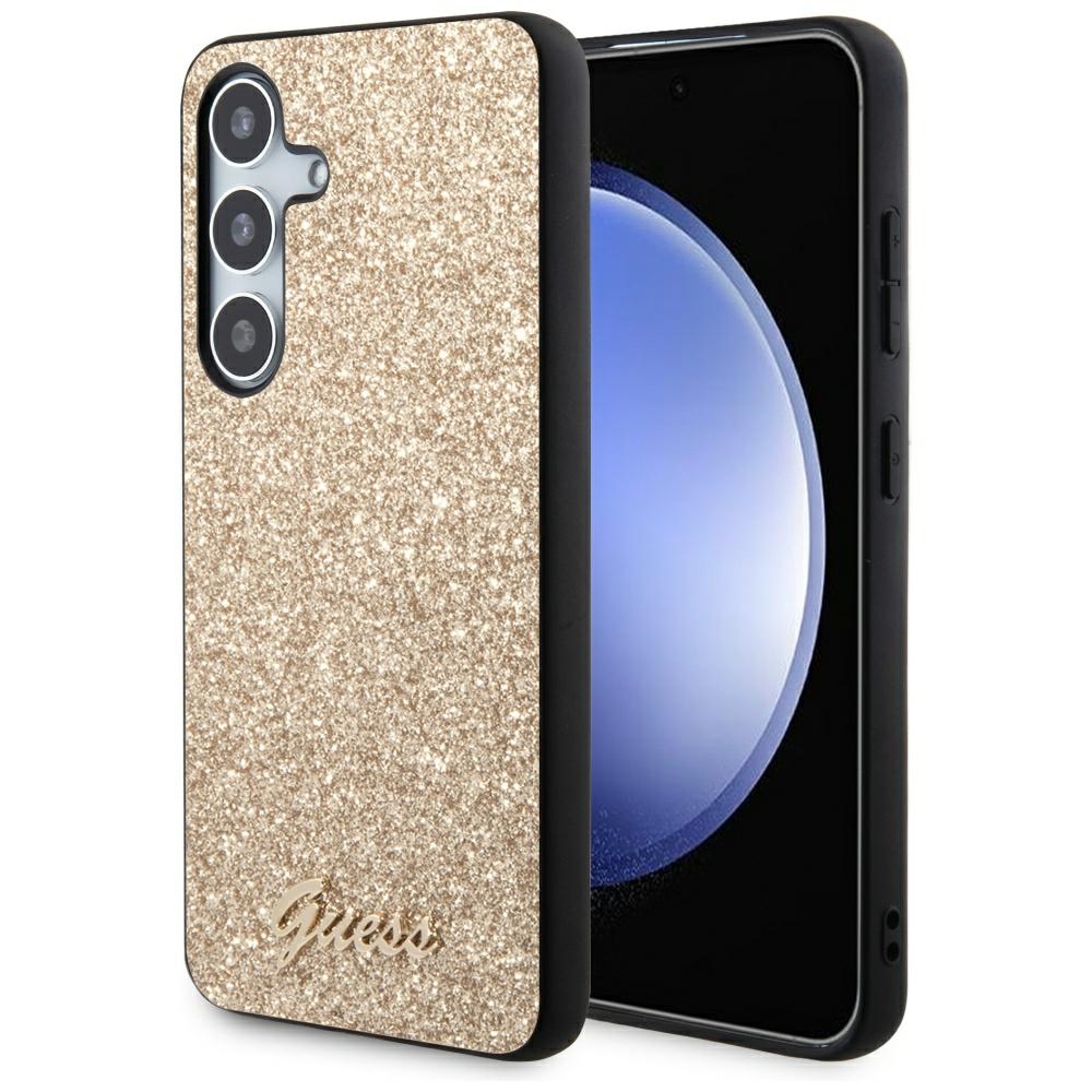 Guess Glitter Script dėklas telefonui Samsung Galaxy S24 - auksinė