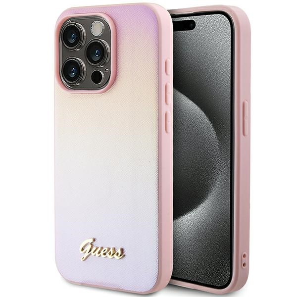 Guess Saffiano Iridescent Script dėklas telefonui iPhone 14 Pro Max - rožinis