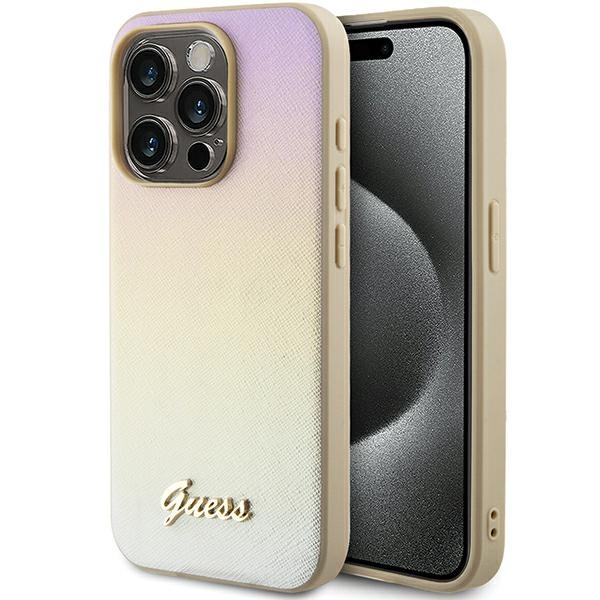 Guess Saffiano Iridescent Script dėklas telefonui iPhone 15 Pro - auksinis