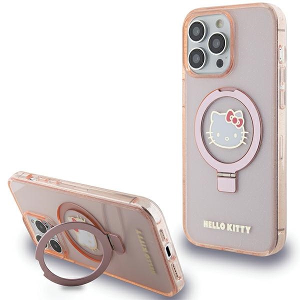 Hello Kitty žiedinis stovas blizgus Electrop Logo magnetinis dėklas telefonui iPhone 15 Pro Max - rožinis