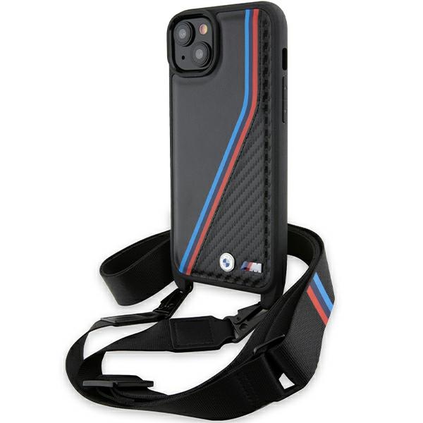 BMW M Edition anglies trispalvės linijos ir dirželis dėklas telefonui iPhone 15 Plus / 14 Plus - juodas