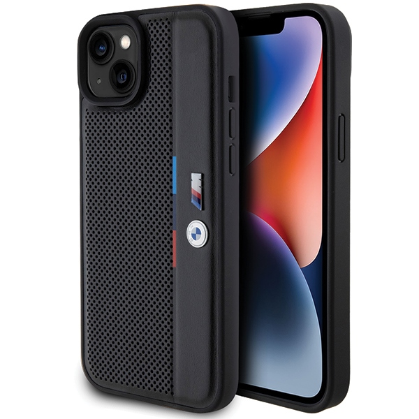 BMW perforuotas trispalvės linijos dėklas telefonui iPhone 15 Plus / 14 Plus - juodas