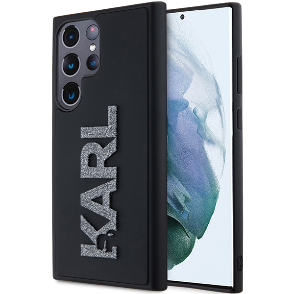 Karl Lagerfeld 3D Guminis Blizgus Logotipas dėklas telefonui Samsung Galaxy S23 Ultra - juodas