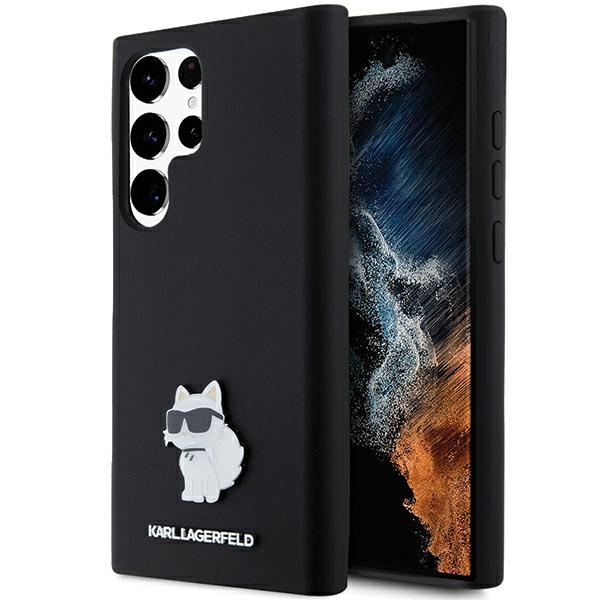 Karl Lagerfeld silikoninis Choupette metalinis smeigtukas dėklas telefonui Samsung Galaxy S23 Ultra - juodas