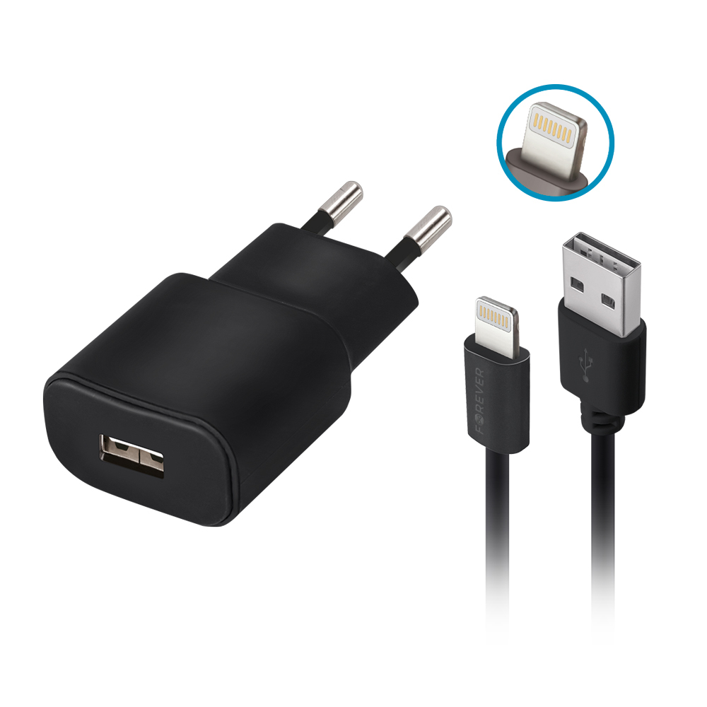 "Forever TC-01" įkroviklis 1x USB 2A juodas + "Lightning" laidas