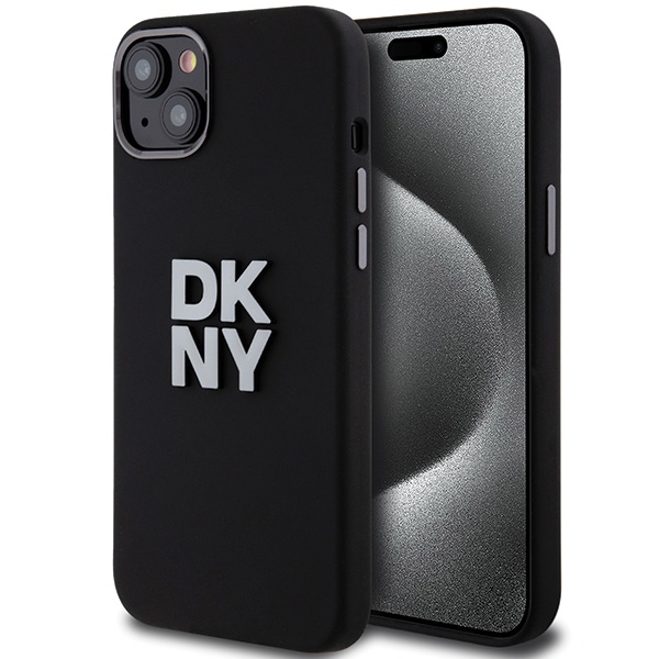 DKNY skystojo silikono metalinio logotipo dėklas telefonui iPhone 15 Plus / 14 Plus - juodas