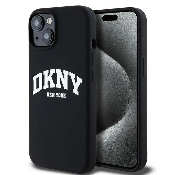DKNY Skystas silikoninis dėklas MagSafe iPhone 15 Plus / 14 Plus su balto logotipo spauda - juodas (m)