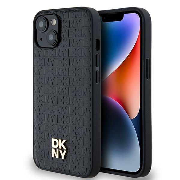 DKNY Odinis monogramos raštas su metaliniu logotipu magnetinis dėklas telefonui iPhone 15/14/13 - juodas