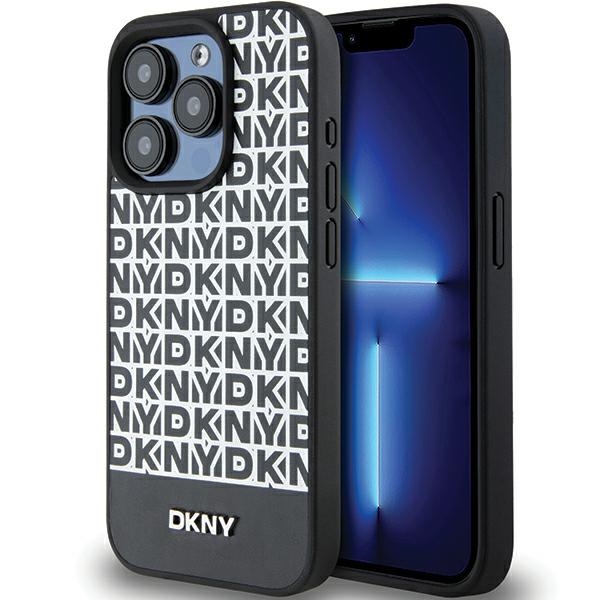 DKNY Odinis spausdintas raštas metalinis logotipas Magnetinis dėklas iPhone 15 Pro - juoda