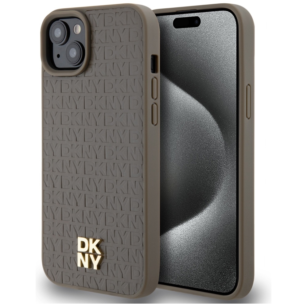 DKNY Odinis raštas metalinis logotipas Magnetinis dėklas iPhone 15 Plus / 14 Plus - ruda