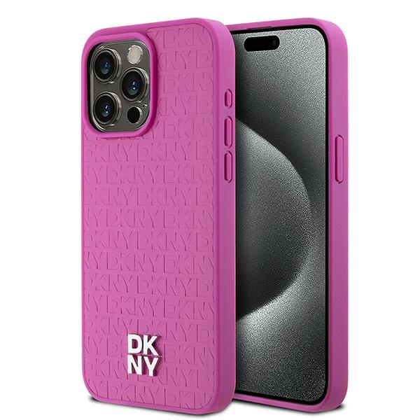 DKNY Odinis monogramos rašto metalinis logotipas Magnetinis dėklas telefonui iPhone 15 Pro Max - rožinis