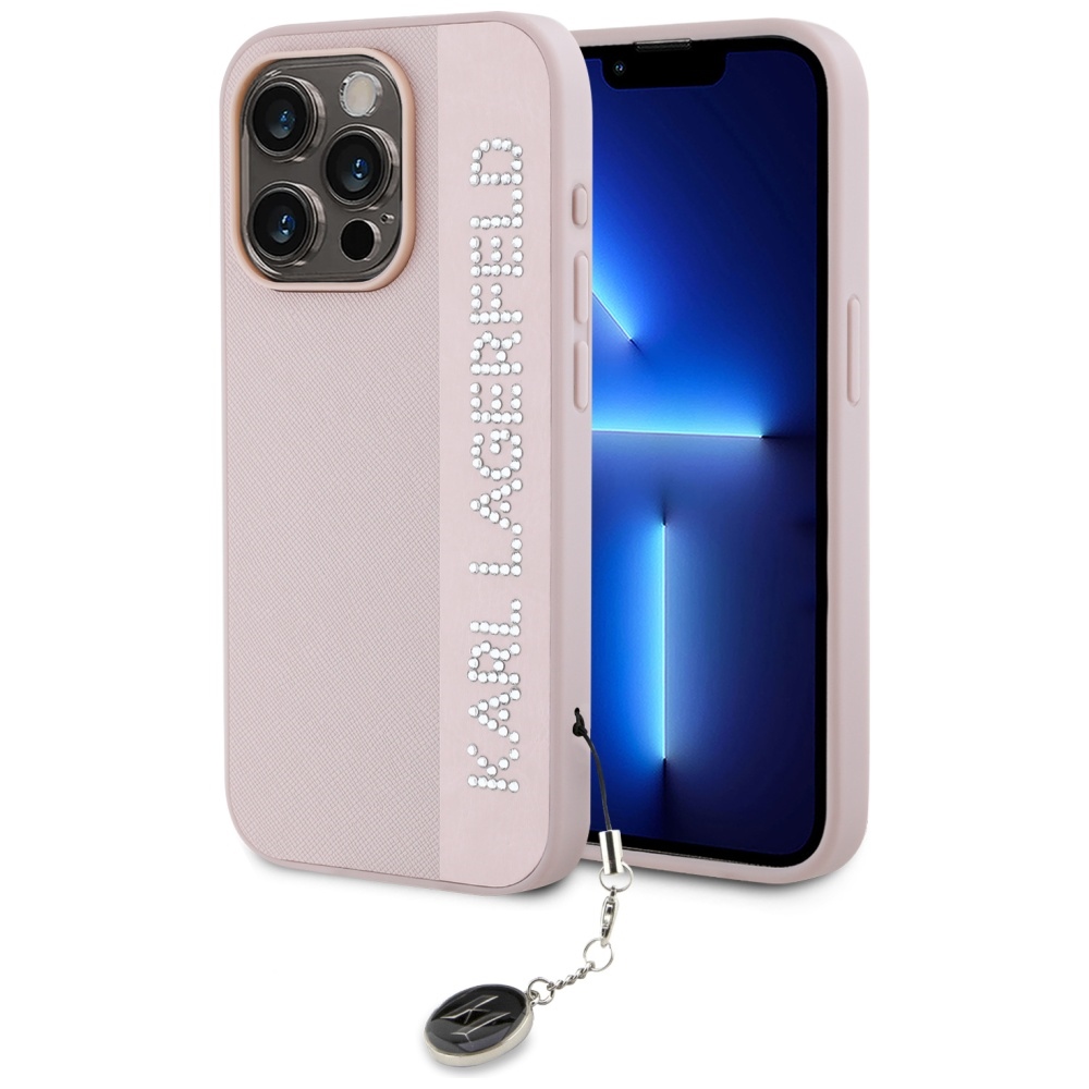 Karl Lagerfeld Saffiano Rhinestones & Charm dėklas telefonui iPhone 15 Pro - rožinis