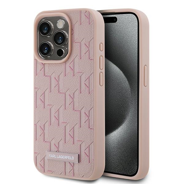 Karl Lagerfeld odinis Monogram Metal Logo dėklas telefonui iPhone 15 Pro - rožinis