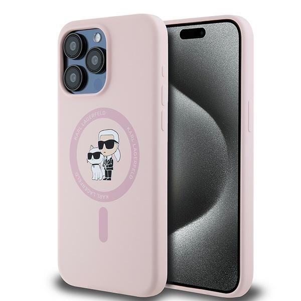 Karl Lagerfeld silikoninis Karl&Choupette magnetinis dėklas telefonui iPhone 15 Pro - rožinis