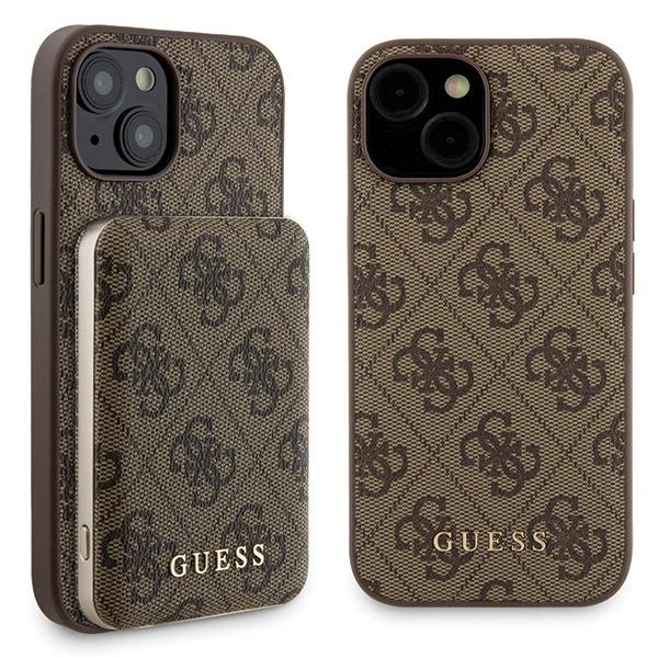Guess 4G Metal Logo dėklas telefonui rinkinys iPhone 15 + 5000mAh Magnetinė išorinė baterija - ruda