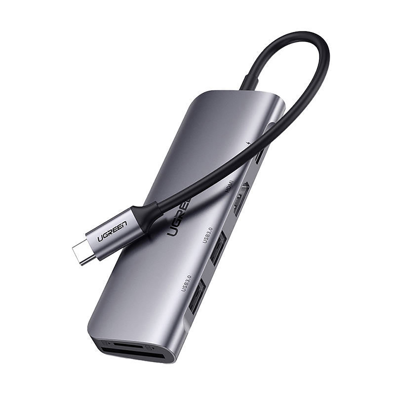Ugreen CM195 6in1 adapteris USB-C - HDMI / 2x USB-A 3.0 / USB-C PD / SD / TF skaitytuvas - pilkas
