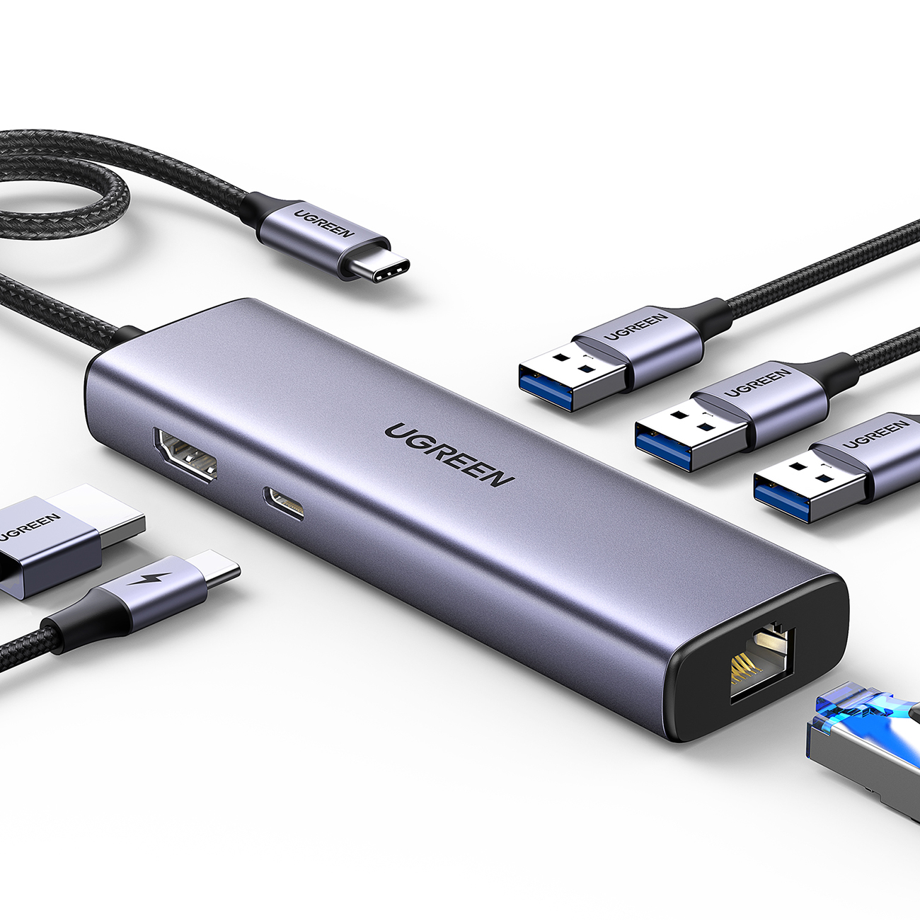 Ugreen CM512 15598 6in1 šakotuvas USB-C - 3x USB-A 3.0 / HDMI / RJ45 / USB-C PD - pilkas