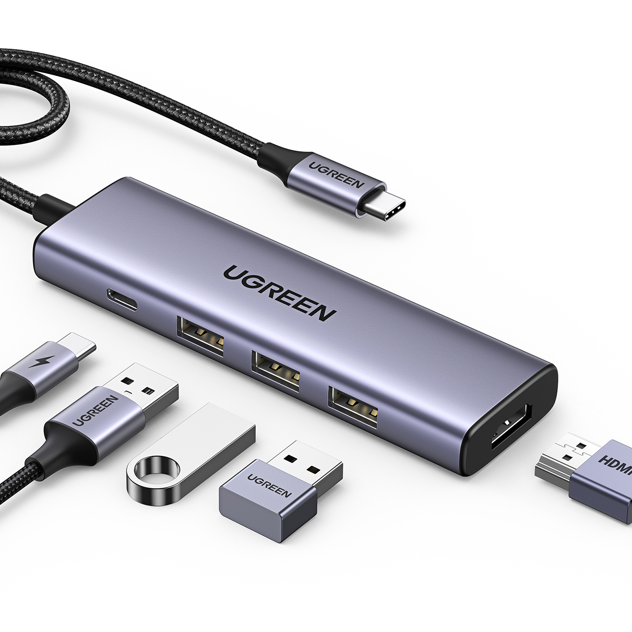 Ugreen CM511 15597 5in1 šakotuvas USB-C - USB-C PD / HDMI / 3x USB-A 3.0 - pilkas