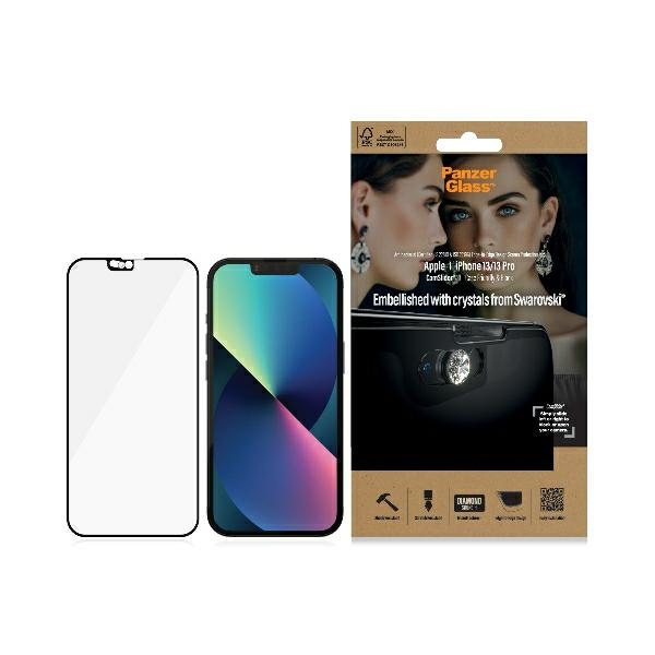 PanzerGlass E2E Microfracture antibakterinis stiklas su Swarovsky kristalu kameros dangteliu iPhone 13/13 Pro - su juodu rėmeliu