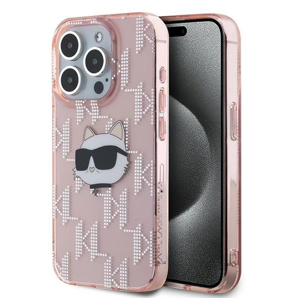 Karl Lagerfeld IML Choupette galvos ir monogramos dėklas iPhone 15 Pro - rožinė