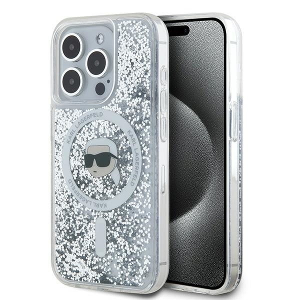 Karl Lagerfeld Skystas blizgutis Karl Head Magnetinis dėklas telefonui iPhone 15 Pro – permatomas