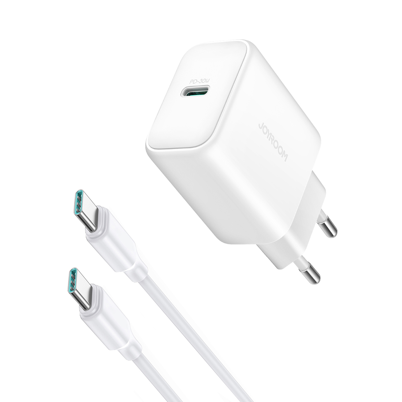 Įkroviklis Joyroom (JR-TCF24) + "USB-C (Type-C) to USB-C (Type-C)" (1xUSB-C 30W) baltas